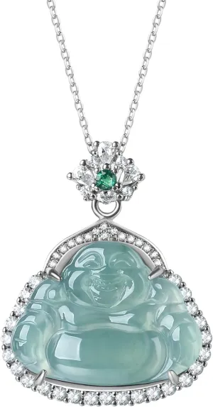 Real Natural Green Jade Laughing Buddha Pendant Necklace for Women Genuine Certified Jadeite Amulet Protection Jewelry for Her Mom Wife with 925 Sterling Silver Chain