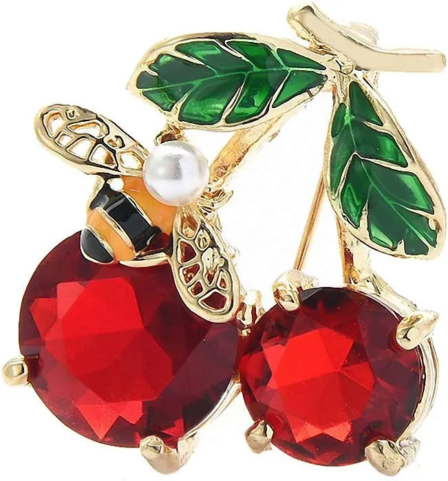 Red Crystal Cherry Brooches Women Enamel Fruits Banquet Brooch Pins