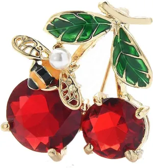 Red Crystal Cherry Brooches Women Enamel Fruits Banquet Brooch Pins