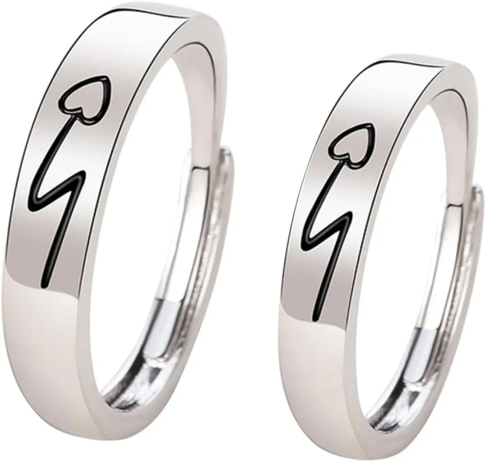 Romantic Couples Ring Set 2pcs Matching Engagement Bands for Men Women Heart-design Adjustable