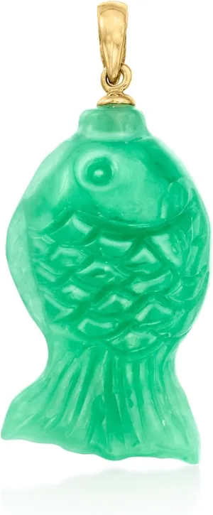 Ross-Simons Carved Jade Fish Pendant in 14kt Yellow Gold