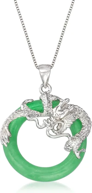 Ross-Simons Jade Dragon Open-Space Pendant Necklace in Sterling Silver