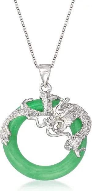 Ross-Simons Jade Dragon Open-Space Pendant Necklace in Sterling Silver