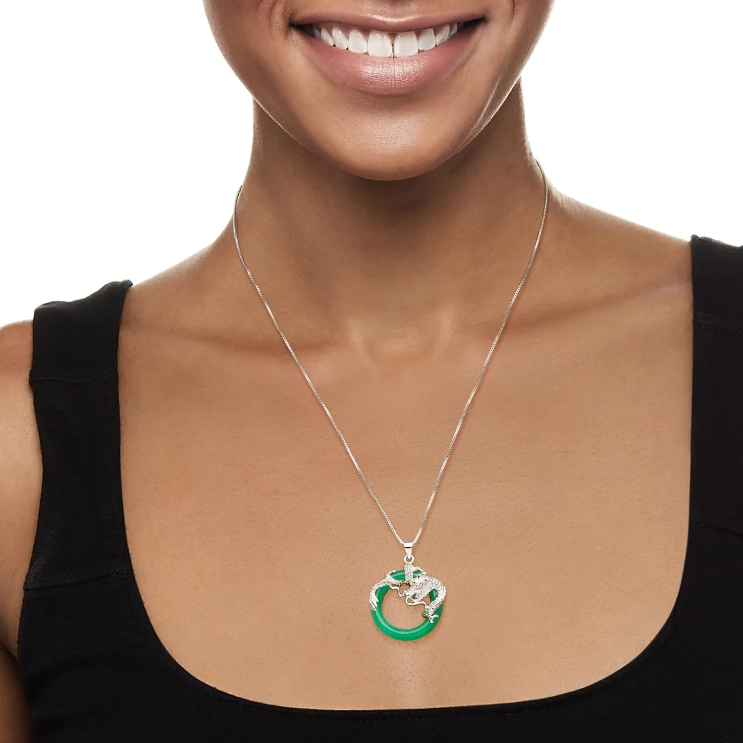 Ross-Simons Jade Dragon Open-Space Pendant Necklace in Sterling Silver