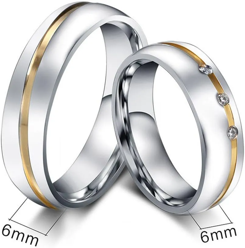 ROWAG 6MM Men Stainless Steel Couple Wedding Bands for Him and Her Women Cubic Zirconia CZ Inlaid Promise Engagement Rings