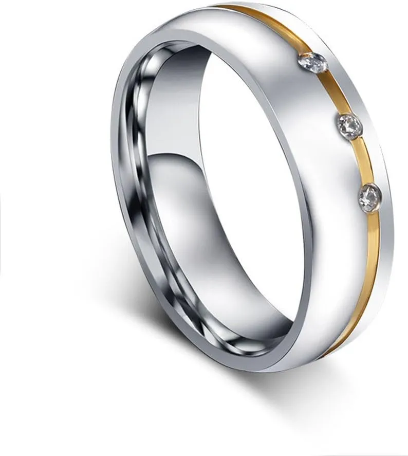 ROWAG 6MM Men Stainless Steel Couple Wedding Bands for Him and Her Women Cubic Zirconia CZ Inlaid Promise Engagement Rings
