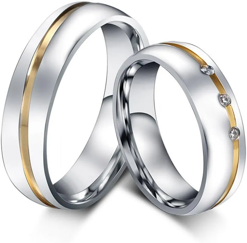 ROWAG 6MM Men Stainless Steel Couple Wedding Bands for Him and Her Women Cubic Zirconia CZ Inlaid Promise Engagement Rings