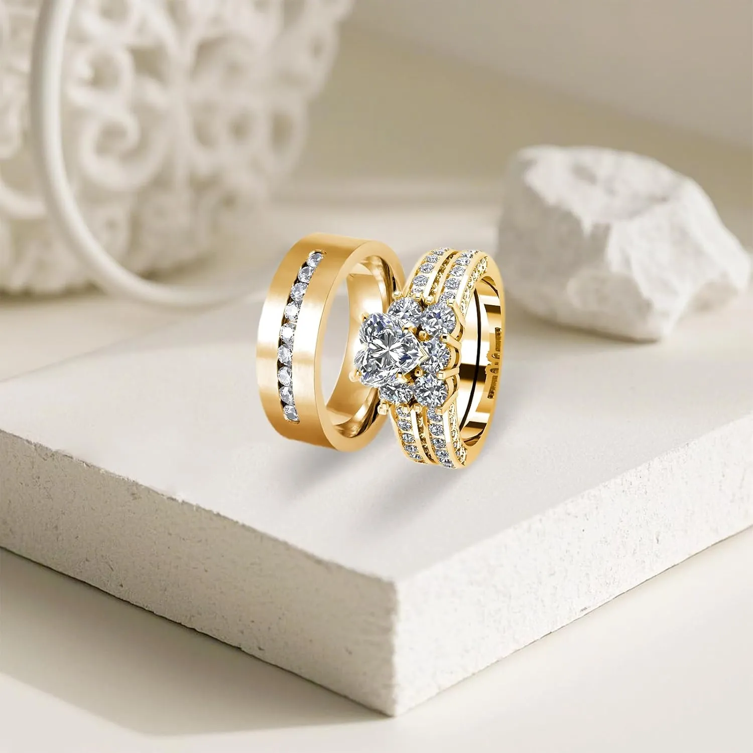 s925 10K 14K 18K Gold Couple Rings Sets, 3pcs Moissanite Couple Wedding Rings Sets for Men and Women, Customized Couples Matching Wedding Bands Set Free Engraving