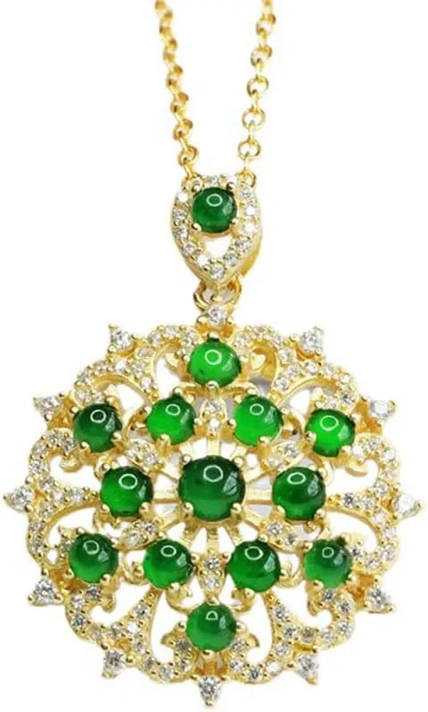 S925 Silver Gold-Plated Natural Jadeite Imperial Green Pendant Brooch Jade Necklace Pendant for Women Yoga Jade Neaklaces Genuine Jade Pendant for Women