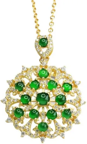 S925 Silver Gold-Plated Natural Jadeite Imperial Green Pendant Brooch Jade Necklace Pendant for Women Yoga Jade Neaklaces Genuine Jade Pendant for Women