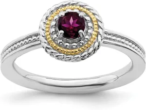 Solid 925 Sterling Silver and 14k Yellow Gold Stackable Rhodolite Garnet January Red Gemstone Ring Eternity Band
