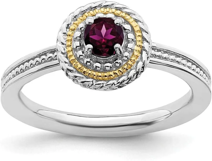 Solid 925 Sterling Silver and 14k Yellow Gold Stackable Rhodolite Garnet January Red Gemstone Ring Eternity Band