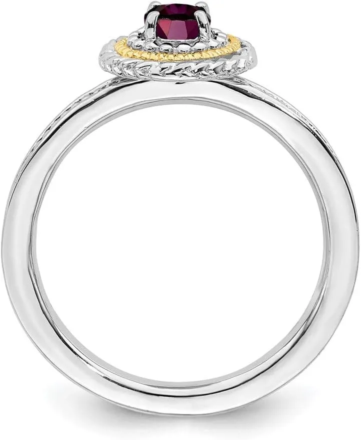 Solid 925 Sterling Silver and 14k Yellow Gold Stackable Rhodolite Garnet January Red Gemstone Ring Eternity Band
