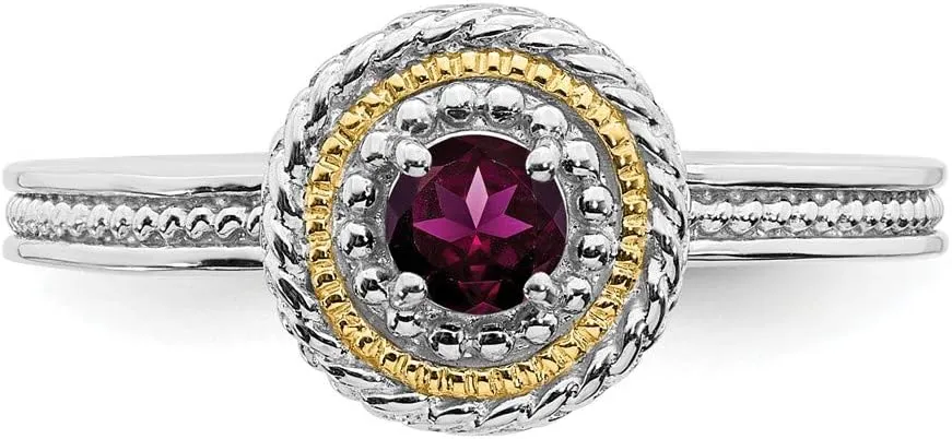 Solid 925 Sterling Silver and 14k Yellow Gold Stackable Rhodolite Garnet January Red Gemstone Ring Eternity Band