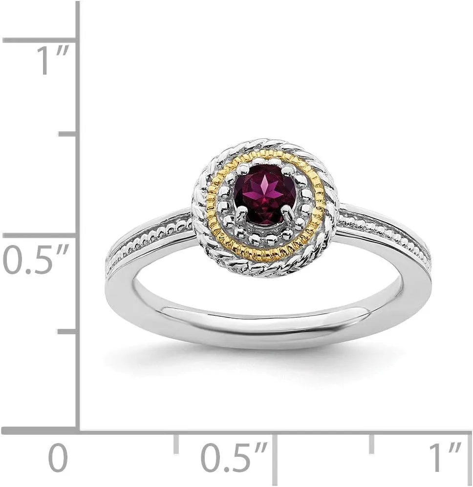 Solid 925 Sterling Silver and 14k Yellow Gold Stackable Rhodolite Garnet January Red Gemstone Ring Eternity Band