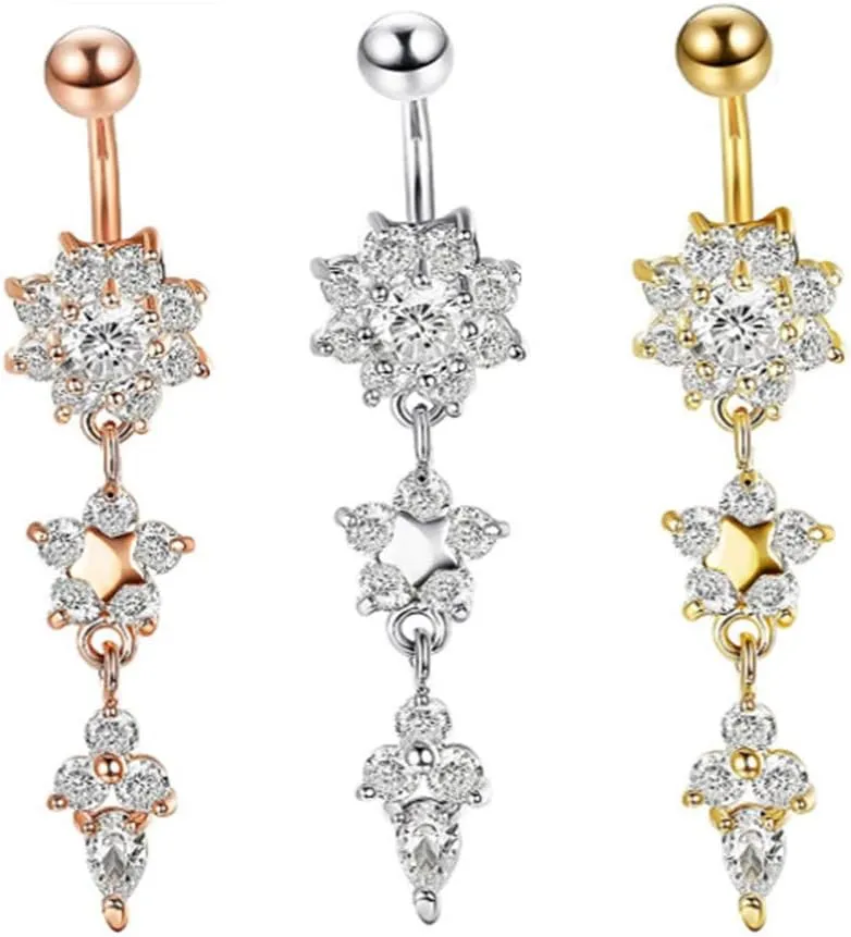 Stainless Steel Belly Button Ring Rhinestone Flower Navel Ring Piercing Jewelry Silver Drill