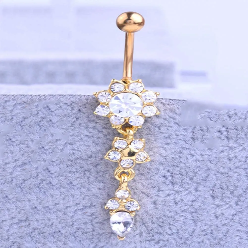 Stainless Steel Belly Button Ring Rhinestone Flower Navel Ring Piercing Jewelry Silver Drill