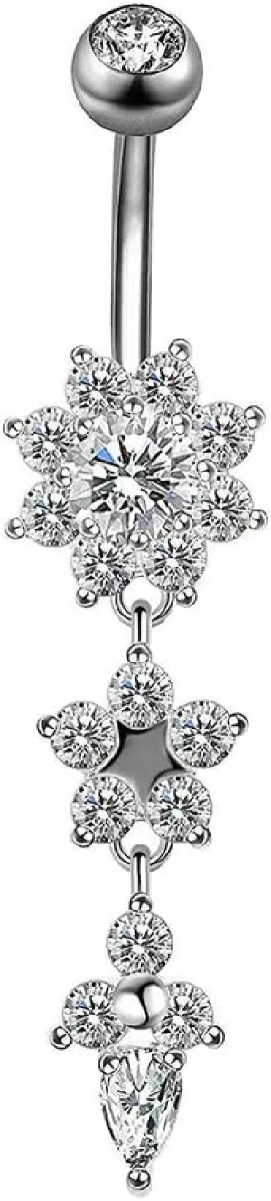 Stainless Steel Belly Button Ring Rhinestone Flower Navel Ring Piercing Jewelry Silver Drill