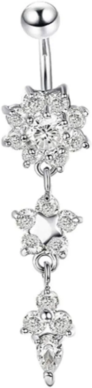 Stainless Steel Belly Button Ring Rhinestone Flower Navel Ring Piercing Jewelry Silver   White