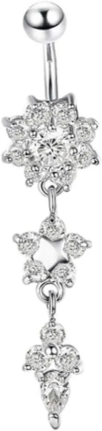 Stainless Steel Belly Button Ring Rhinestone Flower Navel Ring Piercing Jewelry Silver   White