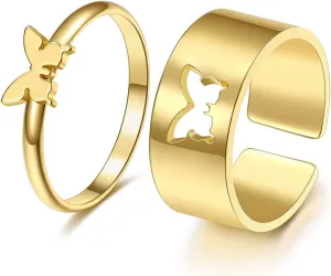 Stunning Valentine Gift Golden Butterfly Couple Ring Matching Wrap Finger Ring, Metal, No Gemstone