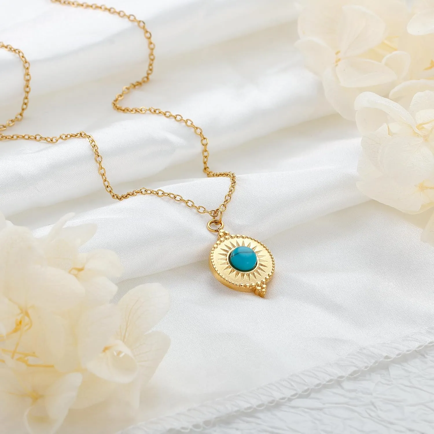 Sunflower Jewellery Gold Necklaces for Women Turquoise Necklaces for Women Dainty Pendant Necklace for Women Stainless-steel Turquoise Necklace