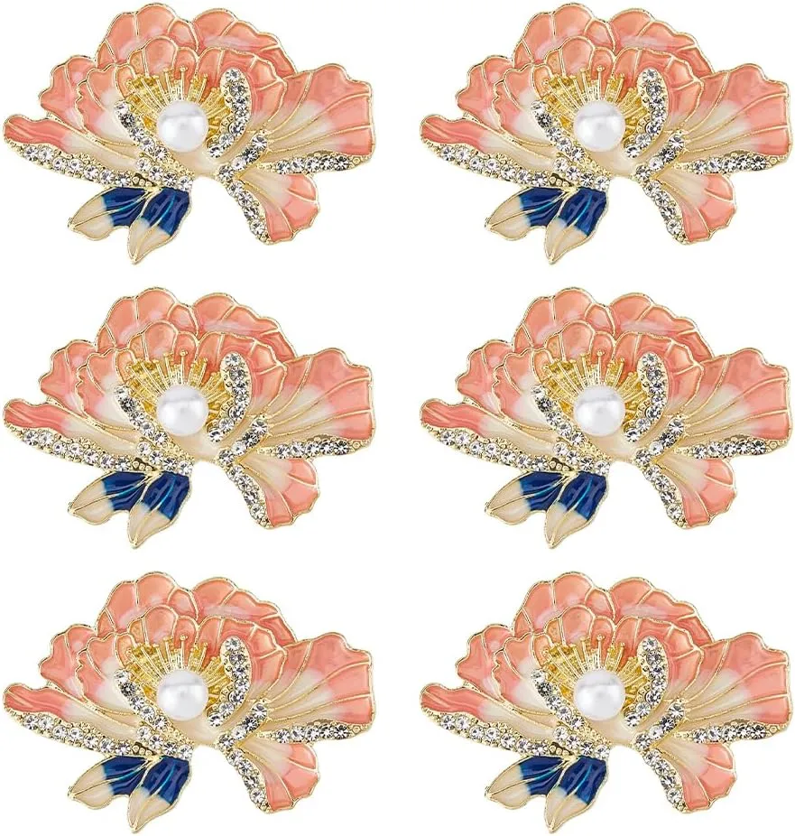 SUPERFINDINGS 6Pcs Peony Flower Enamel Pins with Pearl Elegant Dainty Brooches Alloy Rhinestone Bouquet Lapel Pins for Women Coat Handbag Accessories Wedding Party Backpack, 35x49.5mm(Light Gold)