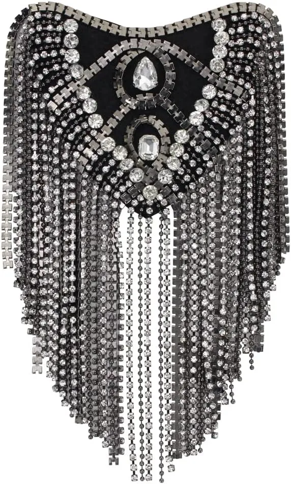 Tassel Epaulettes Shoulder Patches Crystal Fringe Chain Shoulder Badge Brooch Pins for Ringmaster Costume 2 Pieces