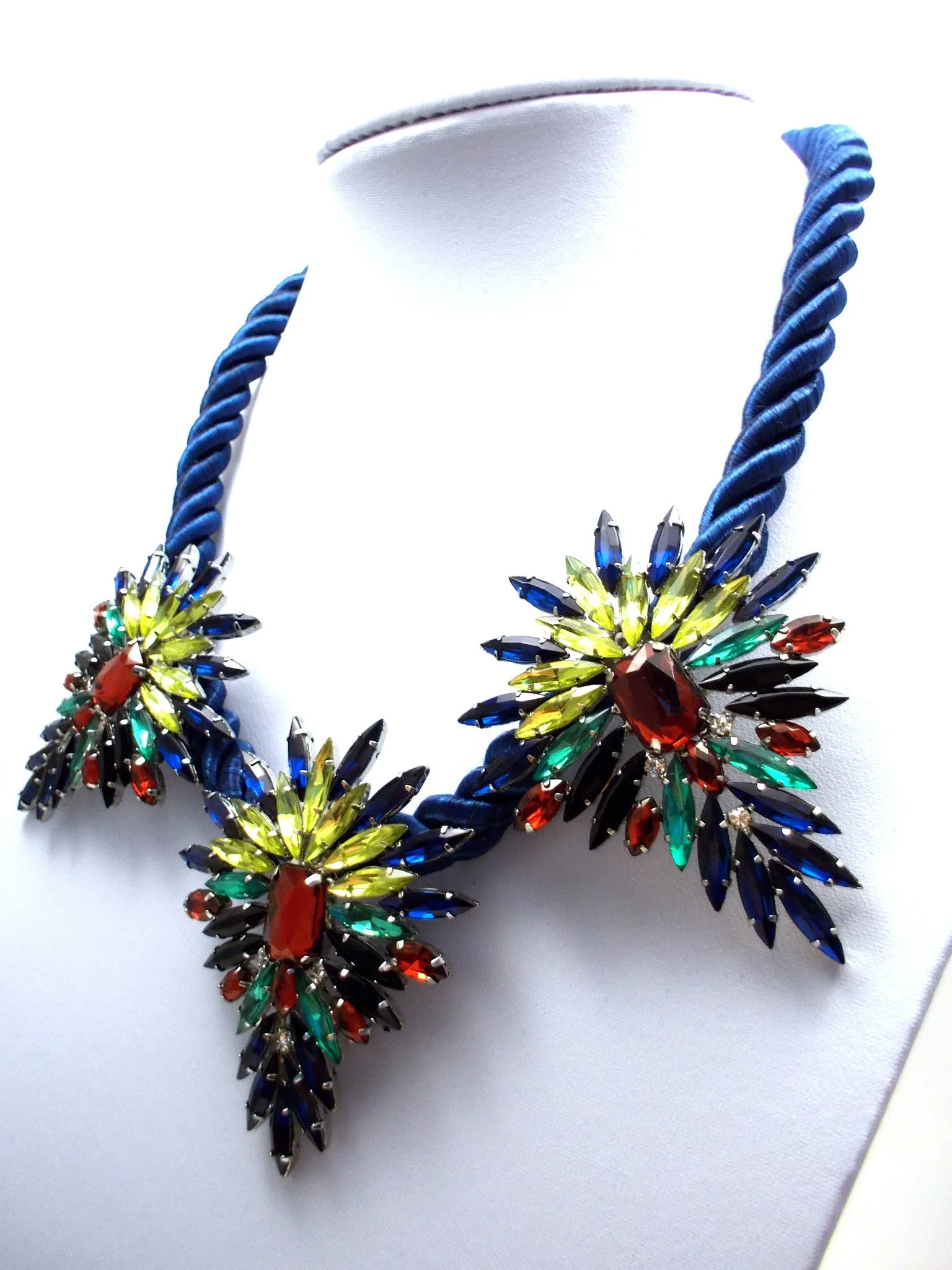 Three Pendant Rope Statement Necklace- Blue