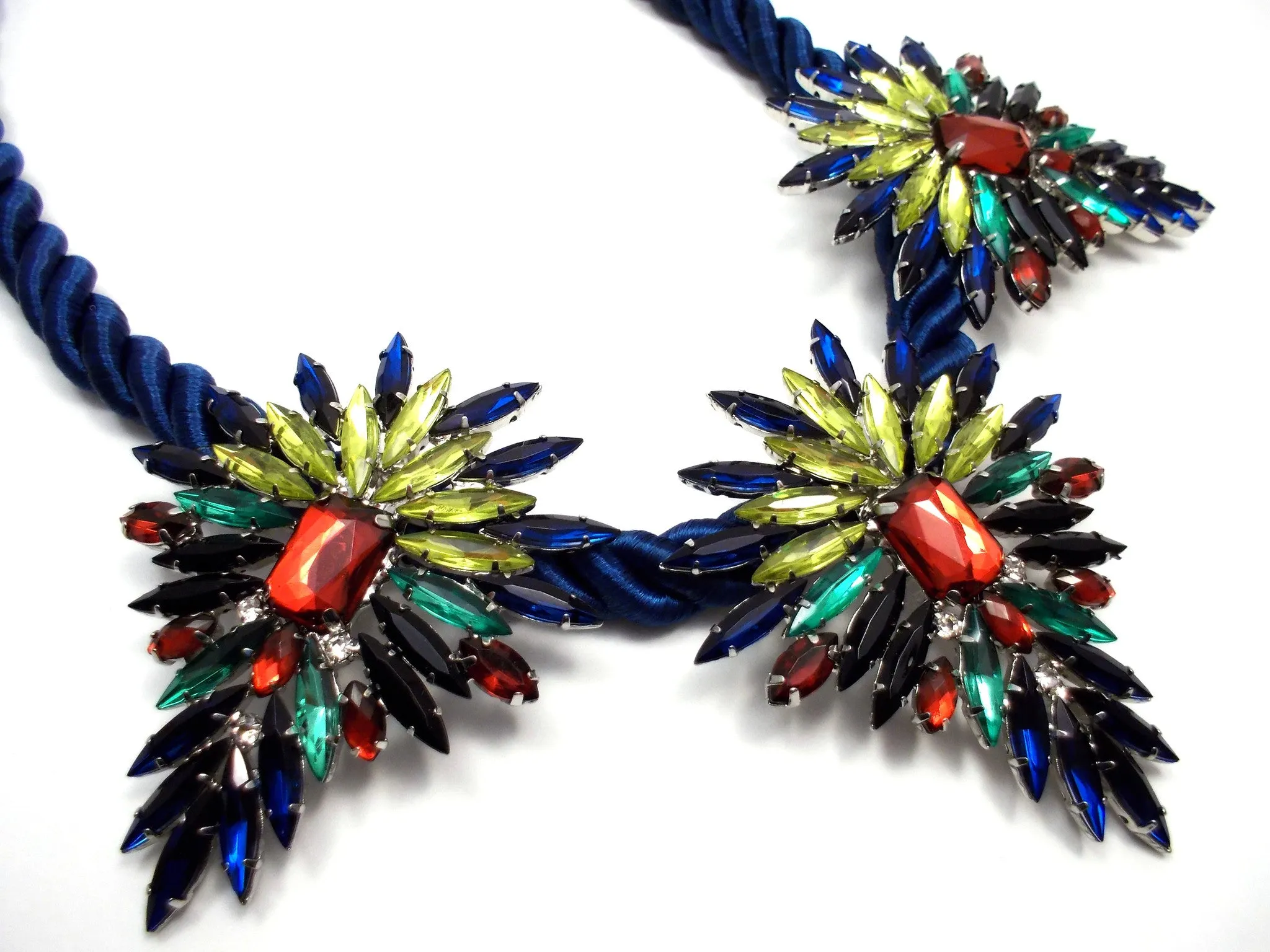 Three Pendant Rope Statement Necklace- Blue