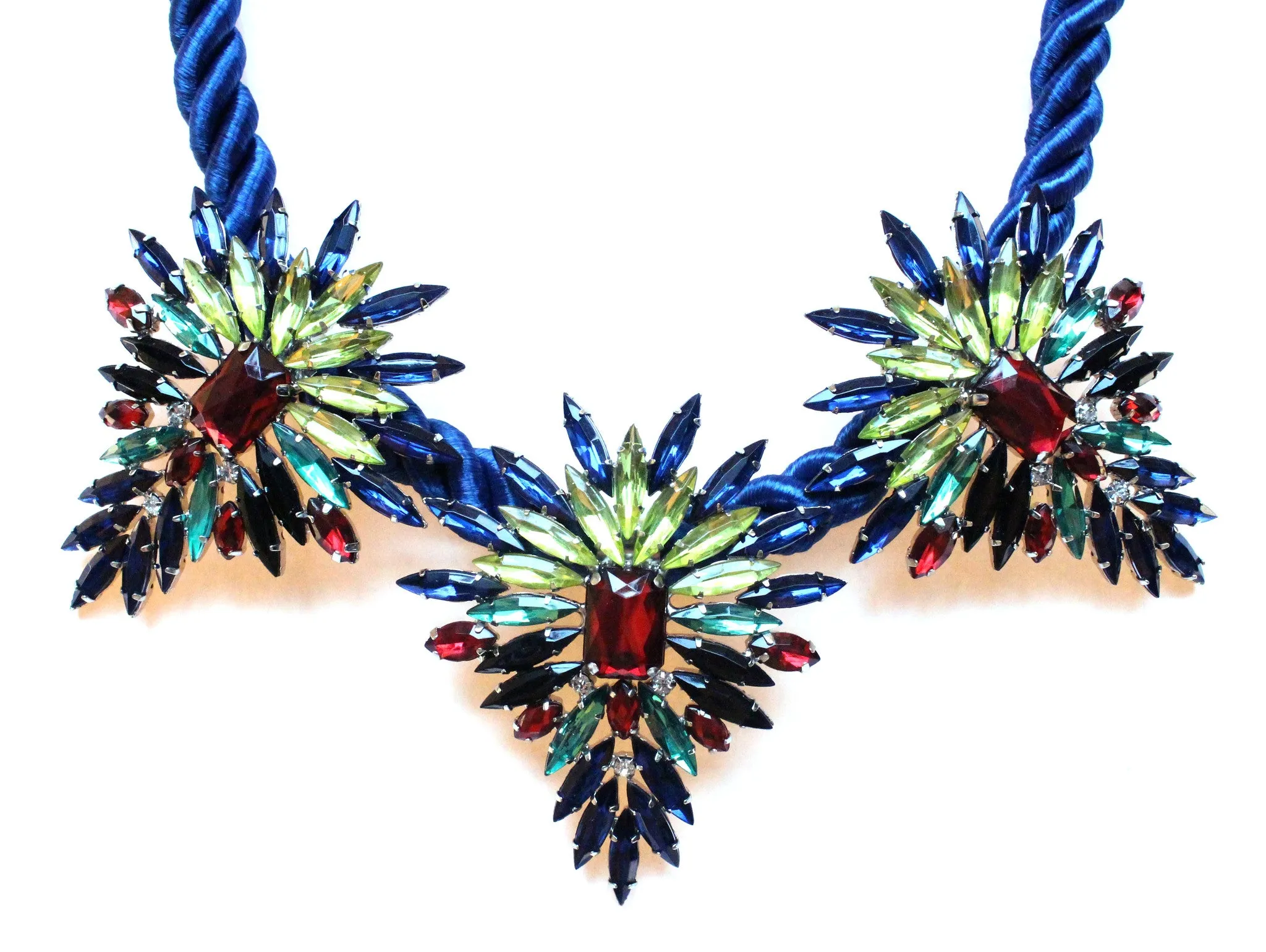 Three Pendant Rope Statement Necklace- Blue