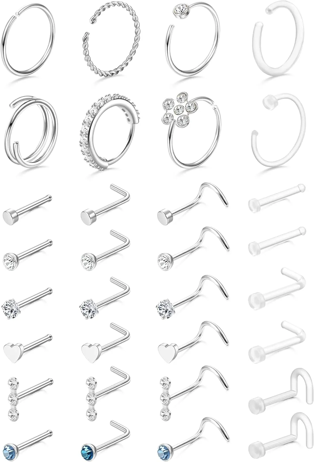 THUNARAZ 32 Pcs Nose Rings for Women Men - Hypoallergenic Surgical Stainless Steel Retainer Clear L Shape/Straight/Corkscrew Nose Rings Hoops Cartilage Helix Tragus Piercing Jewelry 18G/20G