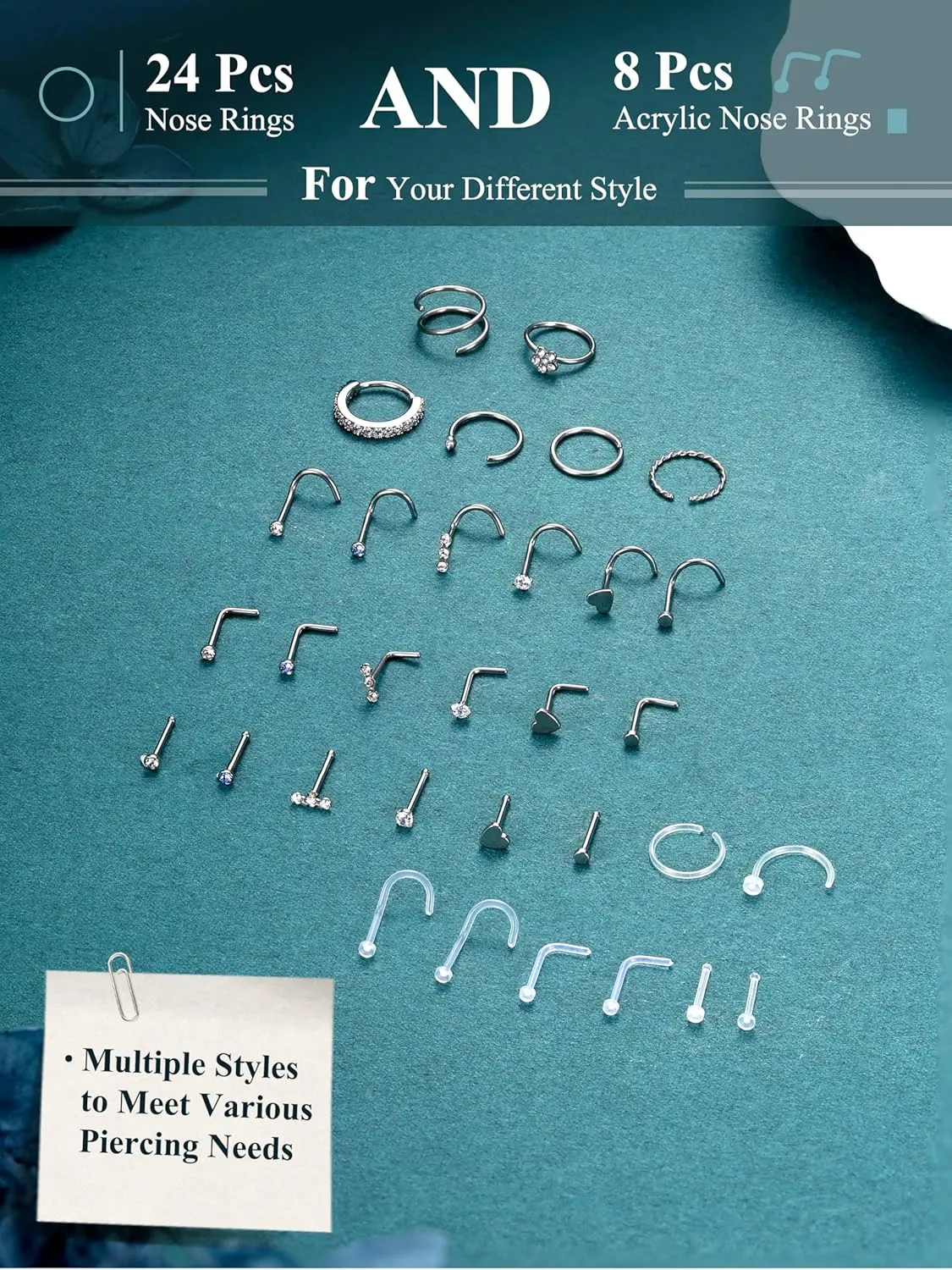 THUNARAZ 32 Pcs Nose Rings for Women Men - Hypoallergenic Surgical Stainless Steel Retainer Clear L Shape/Straight/Corkscrew Nose Rings Hoops Cartilage Helix Tragus Piercing Jewelry 18G/20G