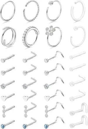 THUNARAZ 32 Pcs Nose Rings for Women Men - Hypoallergenic Surgical Stainless Steel Retainer Clear L Shape/Straight/Corkscrew Nose Rings Hoops Cartilage Helix Tragus Piercing Jewelry 18G/20G