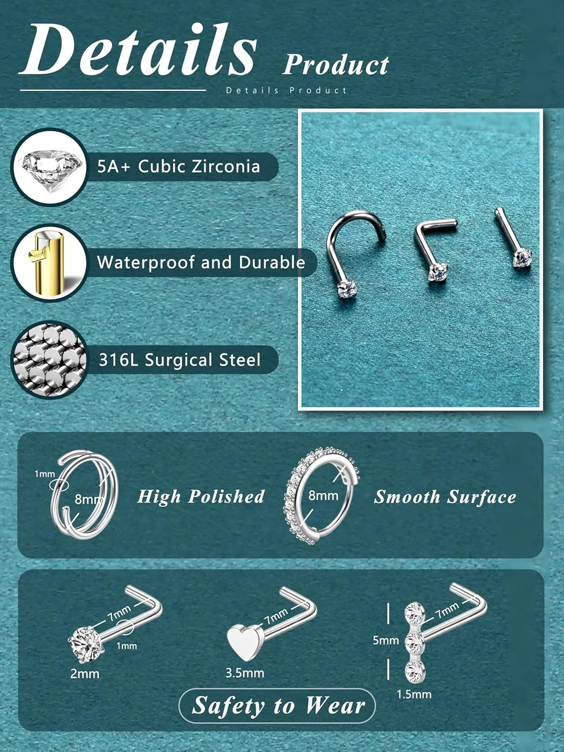 THUNARAZ 32 Pcs Nose Rings for Women Men - Hypoallergenic Surgical Stainless Steel Retainer Clear L Shape/Straight/Corkscrew Nose Rings Hoops Cartilage Helix Tragus Piercing Jewelry 18G/20G