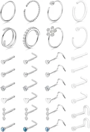 THUNARAZ 32 Pcs Nose Rings for Women Men - Hypoallergenic Surgical Stainless Steel Retainer Clear L Shape/Straight/Corkscrew Nose Rings Hoops Cartilage Helix Tragus Piercing Jewelry 18G/20G