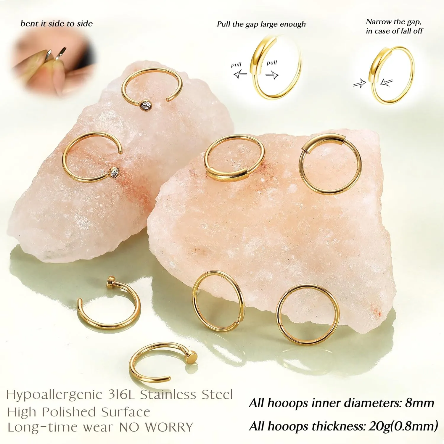 UBGICIG 22G 20G 18G Nose Rings Hoops Studs for Women 316L Surgical Steel Cork Screw Nose Rings L Shape Nostril Piercing Jewelry