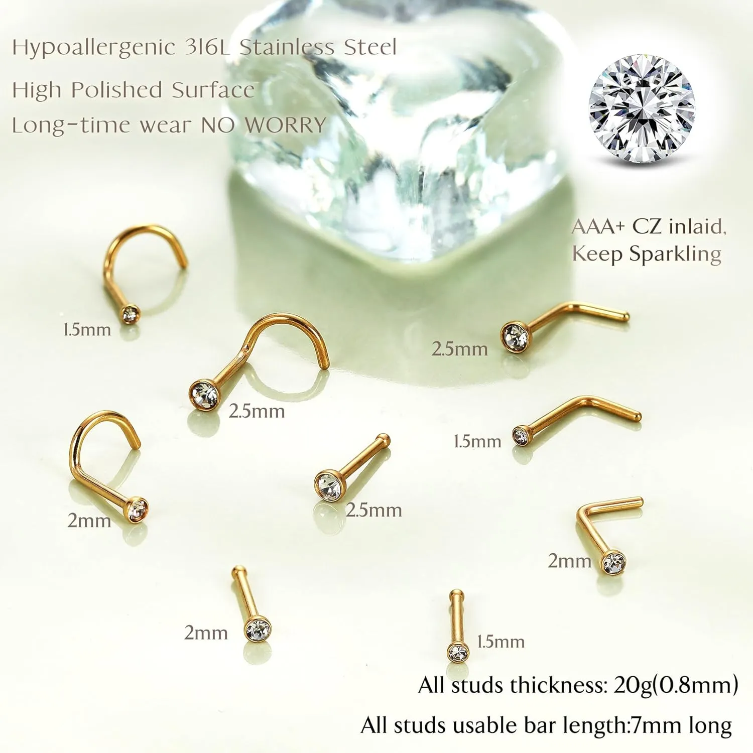 UBGICIG 22G 20G 18G Nose Rings Hoops Studs for Women 316L Surgical Steel Cork Screw Nose Rings L Shape Nostril Piercing Jewelry