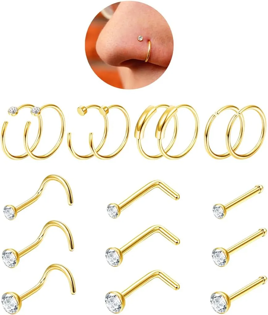 UBGICIG 22G 20G 18G Nose Rings Hoops Studs for Women 316L Surgical Steel Cork Screw Nose Rings L Shape Nostril Piercing Jewelry