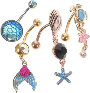 Unique Belly Button Ring Set Flower Turtle Mermaid Shell Designs 4pcs Stainless Steel Navel Rings