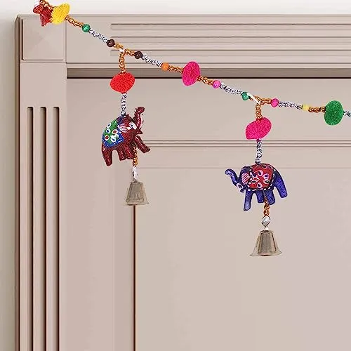 Urbane Home Bandarwal | PVC Handcrafted Latkan | Wind Chimes for Home Décor | 7 Elephants & Bells Design | Handcrafted Bandarwal | Multi