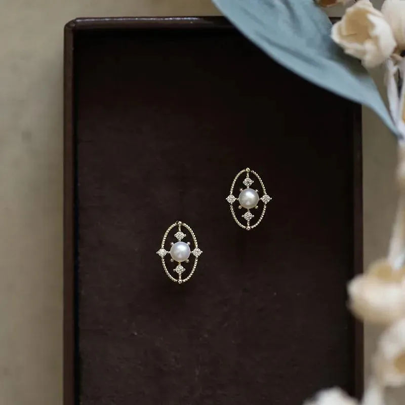 VAIGE 925 Sterling Silver French Cutout Oval Pearl Stud Earrings - Elegant Vintage Jewelry Accessories