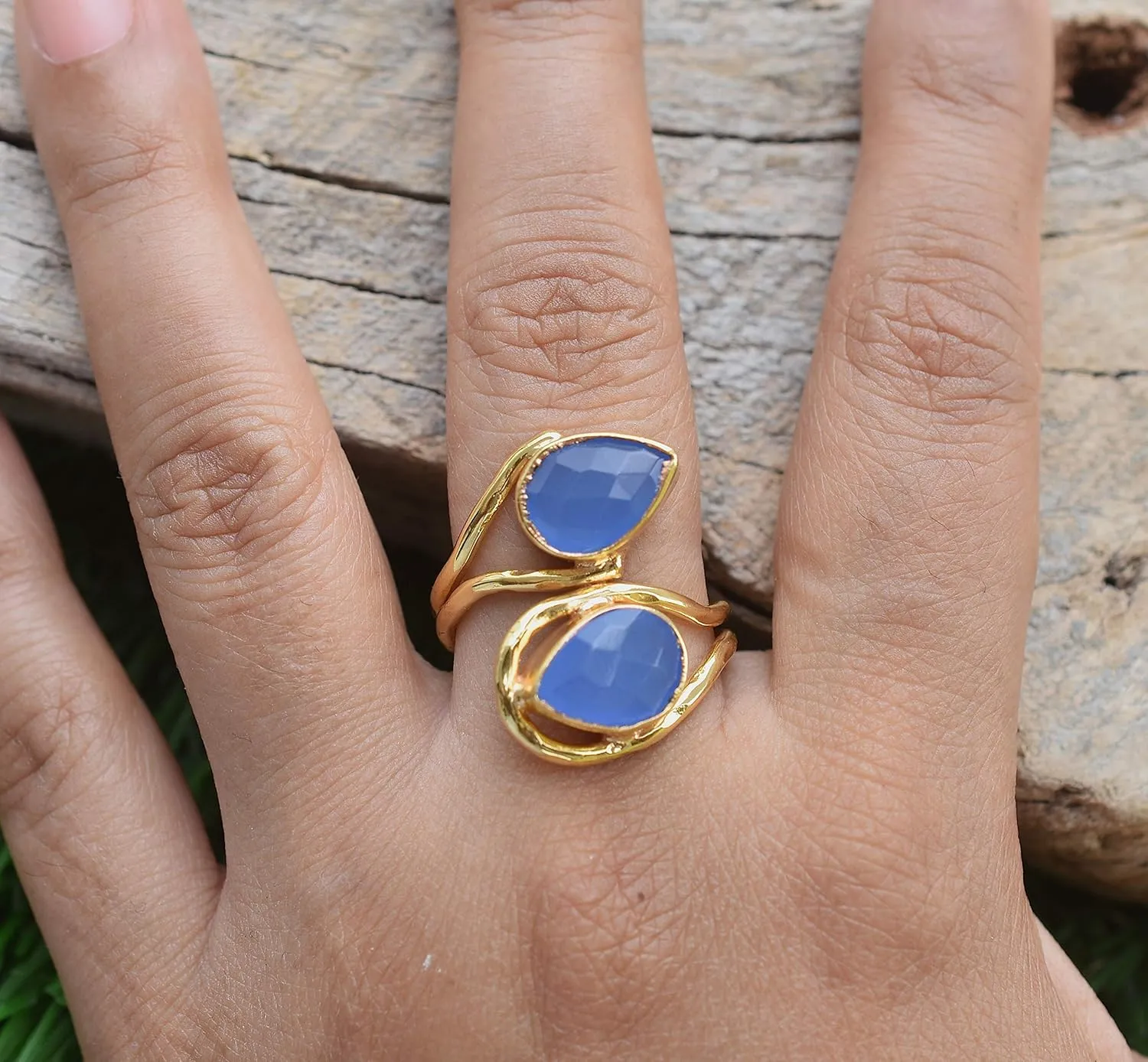 Veracity Jewelry Gold Plated Gemstone Rings For Women & Girls - Jewelry For Women's Birthday Anniversary Wife Mom Girlfriend Sister - Western Style Handmade Jewelry (Blue chalcedony)