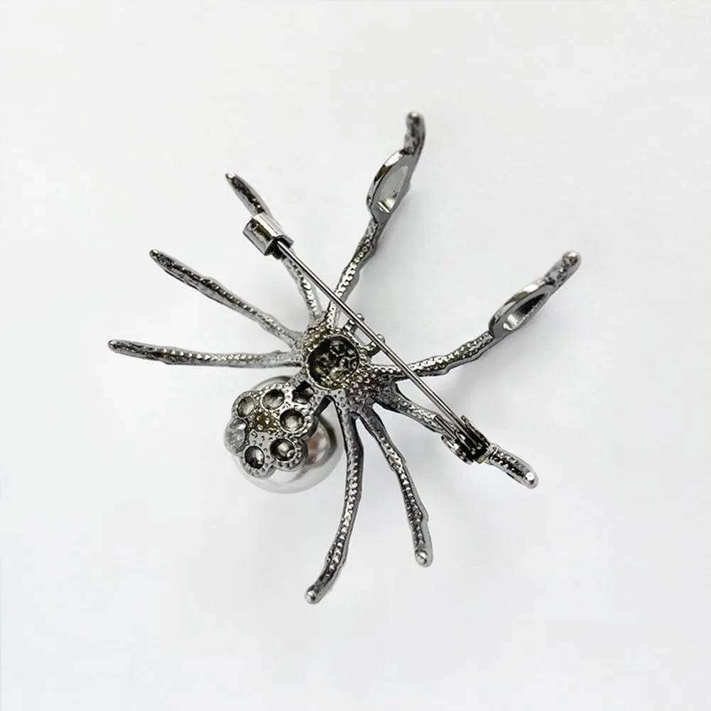 Victorian Style Mother of Pearl Body and Micro Pave Spider Brooches Pins Silver Tone Goth Accessories Pins for Backpacks Aesthetic