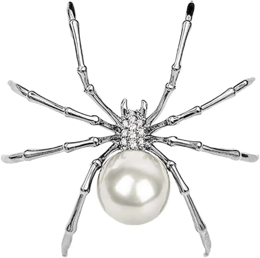 Victorian Style Mother of Pearl Body and Micro Pave Spider Brooches Pins Silver Tone Goth Accessories Pins for Backpacks Aesthetic