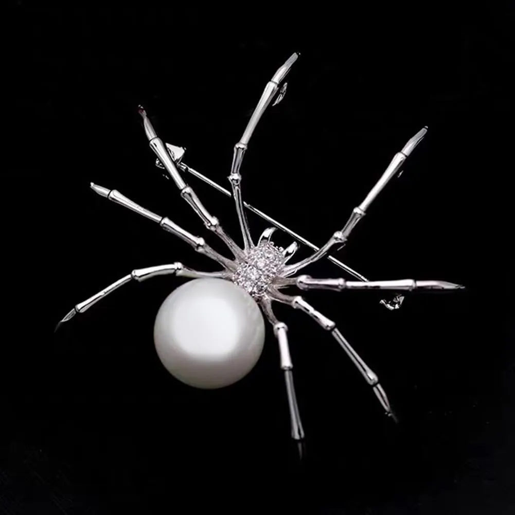 Victorian Style Mother of Pearl Body and Micro Pave Spider Brooches Pins Silver Tone Goth Accessories Pins for Backpacks Aesthetic