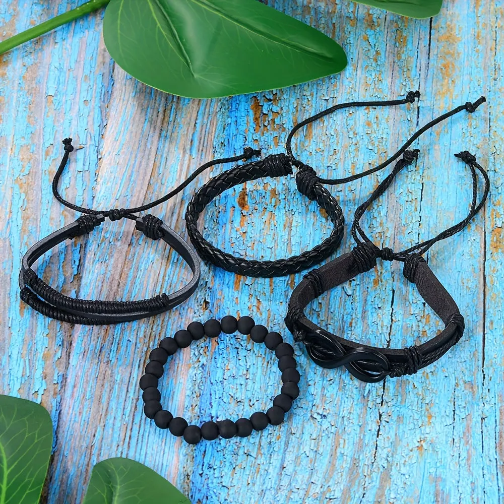 Vintage Beaded Leather Bracelet Set 4pcs Mbius Strip Design
