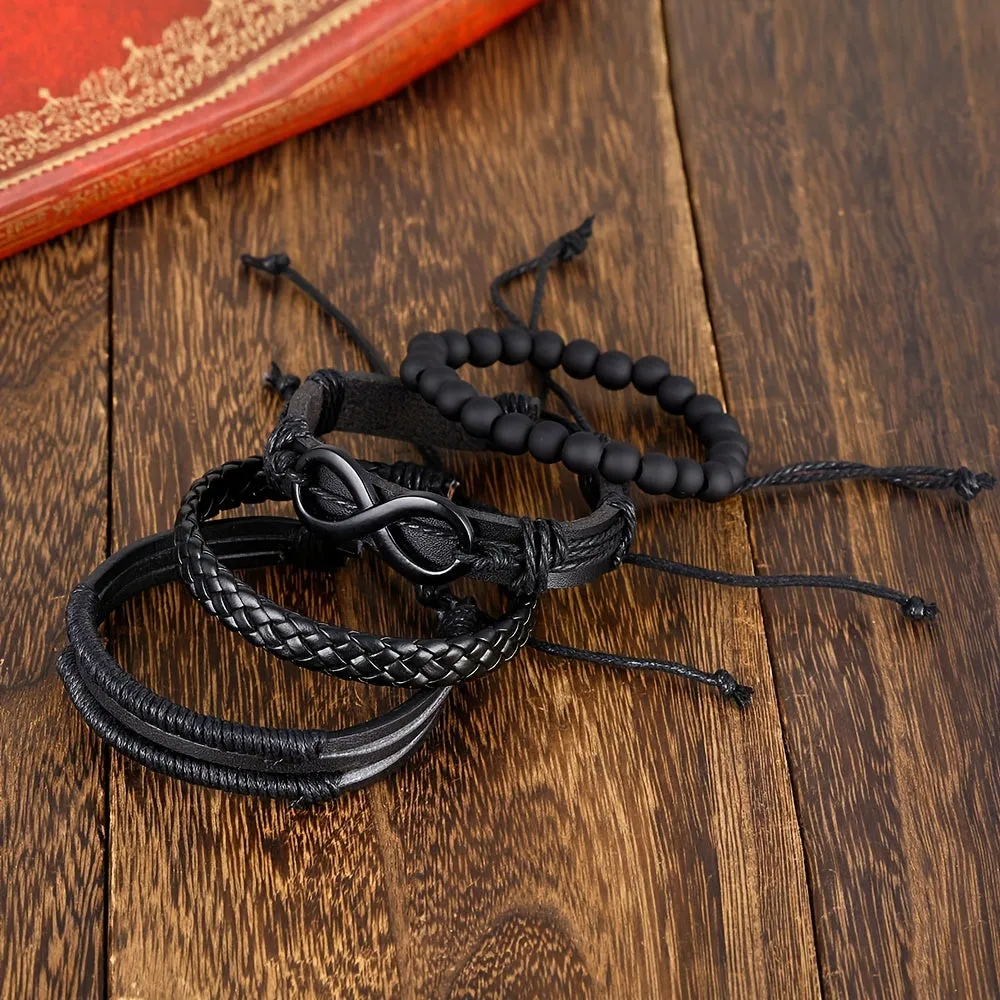 Vintage Beaded Leather Bracelet Set 4pcs Mbius Strip Design