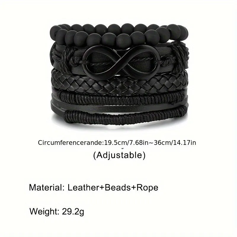 Vintage Beaded Leather Bracelet Set 4pcs Mbius Strip Design