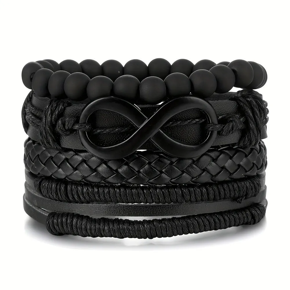 Vintage Beaded Leather Bracelet Set 4pcs Mbius Strip Design